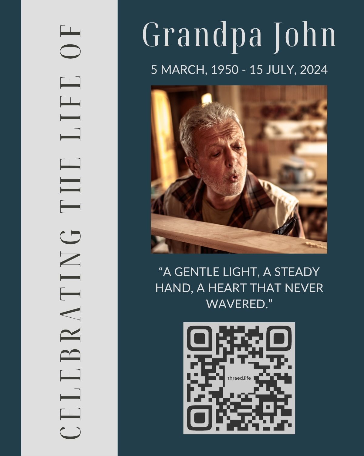 Memorial card for Grandpa John with a photo of a man working with wood, text, and a QR code.