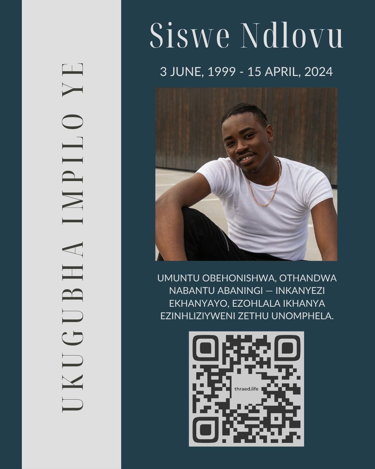 Memorial card for Siswe Ndlovu with a photo, date of birth, and QR code on a blue and white background.