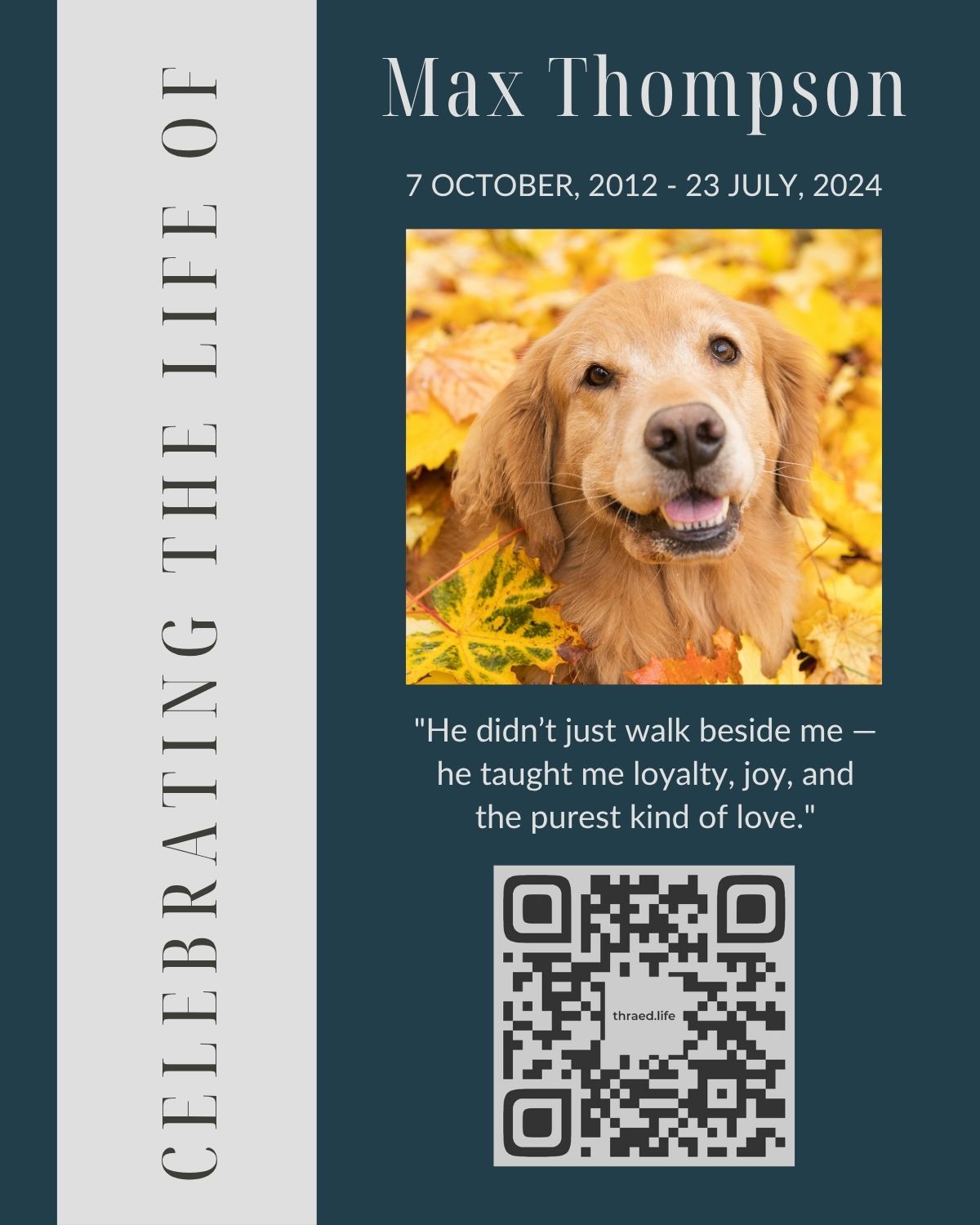 Memorial card for a dog named Max Thompson with a QR code on a blue background