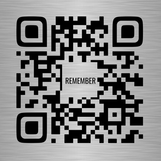 Laser-engraved stainless steel plate with custom QR code and the word 'REMEMBER' – The Luminary Package memorial tribute